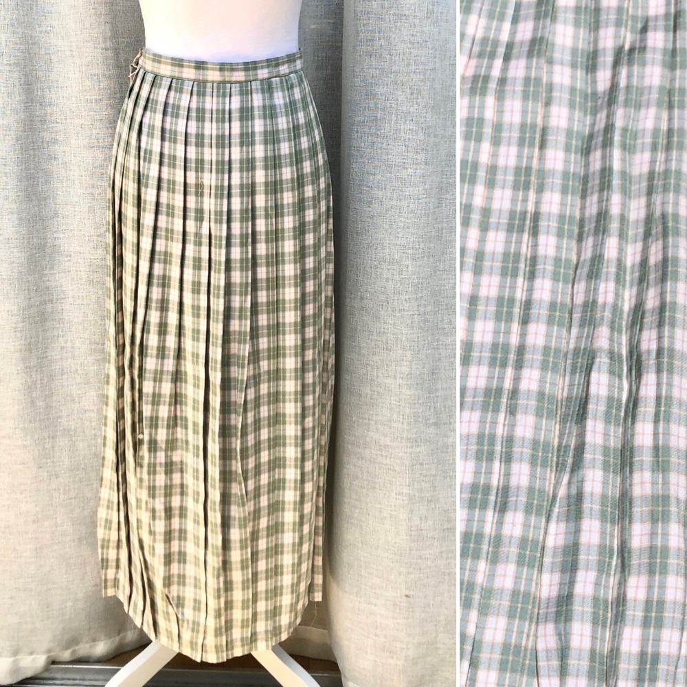 Cambridge Spirit Green Orange and White Pleated Plaid Skirt